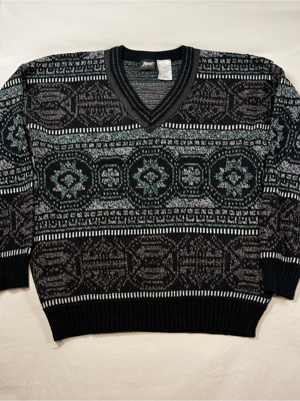 Impact Men’s V-Neck Sweater in Black, Teal and Gray Geometric Knit